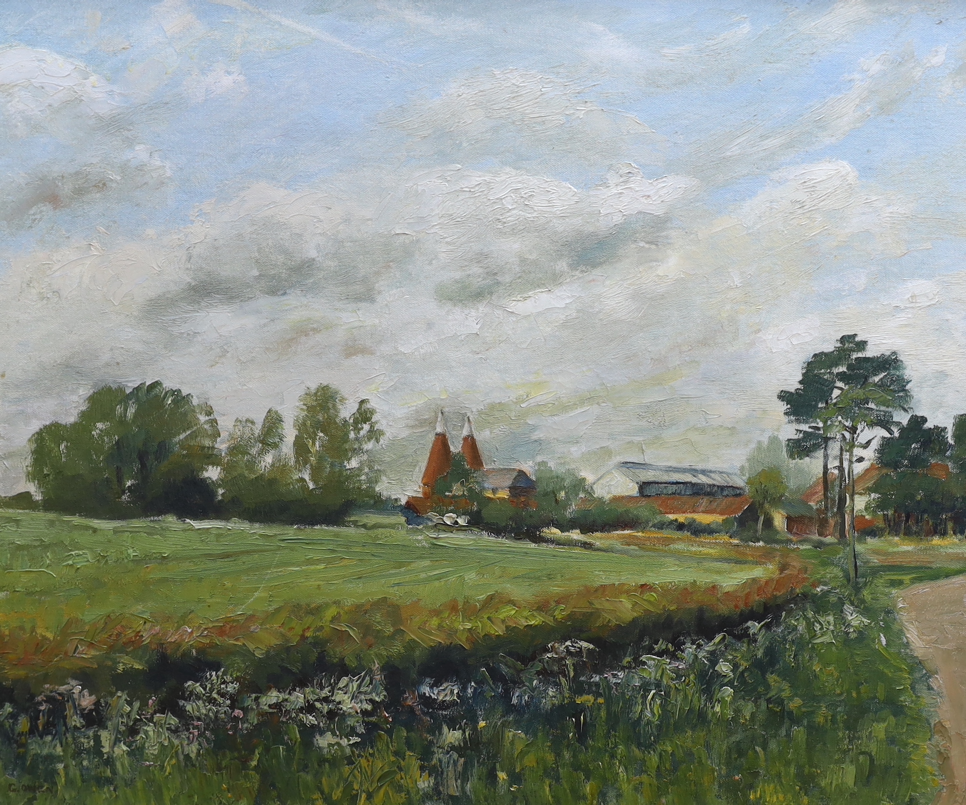 G. Owen (20th. C), oil on canvas board, Landscape with oast house, signed, 62 x 75cm